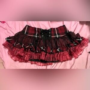 Rare Vintage TRIPP NYC Burgundy Plaid Tiered Ruffled Lace Up Tutu Miniskirt - M